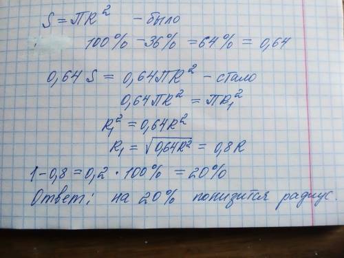 На сколько % понизится радиус круга при понижении его площадки на 36%? ​