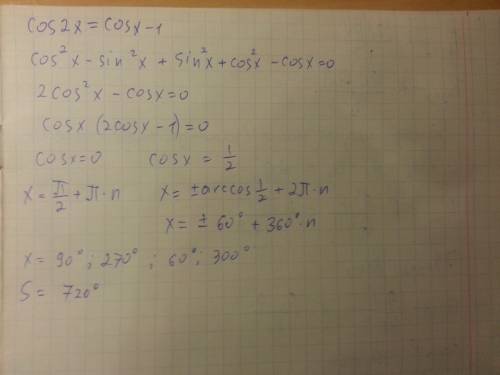 Решите уравнение cos2x=cosx-1 . найдите сумму его корней, принадлежащих промежутку [0; 2п]. правильн