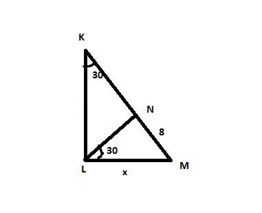 Отрезок ln-высота прямоугольного треугольника klm. найдите lm, если угол к=30 градусов, nm=8