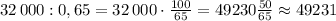 32\, 000:0,65=32\, 000\cdot \frac{100}{65}=49230\frac{50}{65}\approx 49231