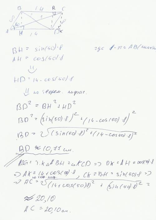 Впараллелограмме abcd : ab=8,ad=14,угол bad=50 градусов.вычислите диагонали параллелонрамма.