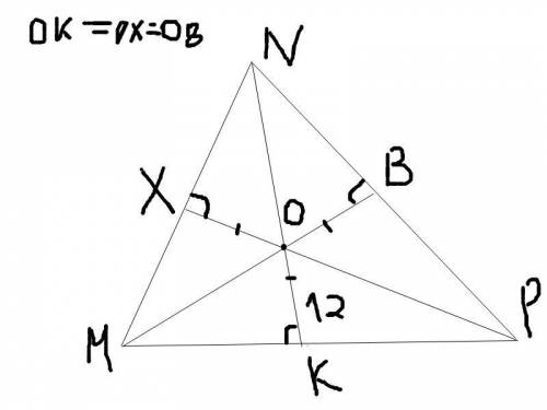 Востроугольном треугольнике mnp биссектриса угла м пересекает высоту nk в точке о, причем ок= 12 см.