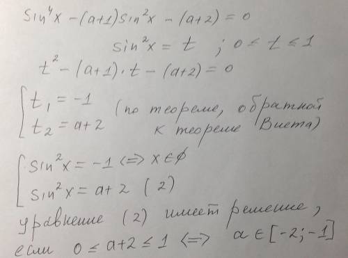 sin {}^{2} x = t \\ t {}^{2} - t(a + 1) - (a + 2) = 0