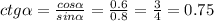 ctg \alpha=\frac{cos \alpha}{sin \alpha}=\frac{0.6}{0.8}=\frac{3}{4}=0.75