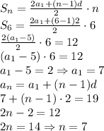 S_n=\frac{2a_1+(n-1)d}2\cdot n\\S_6=\frac{2a_1+(6-1)2}2\cdot6\\\frac{2(a_1-5)}{2}\cdot6=12\\(a_1-5)\cdot6=12\\a_1-5=2\Rightarrow a_1=7\\a_n=a_1+(n-1)d\\ 7+(n-1)\cdot2=19\\2n-2=12\\2n=14\Rightarrow n=7