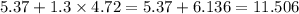 5.37 + 1.3 \times 4.72 = 5.37 + 6.136 = 11.506