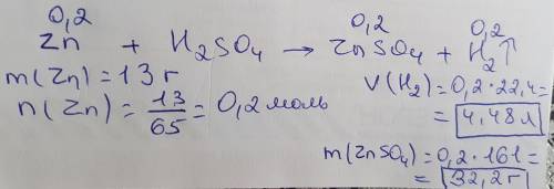 Який об'єм водню виділиться при взаємодії 13 г цинку з сульфатною кислотою? яка маса солі при цьому