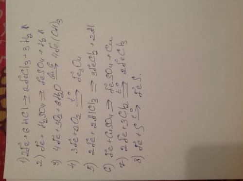 Запишите уравнения реакций (скорей доделайте ) 1)fe + hcl -> 2)fe + h2so4 -> 3)fe + o2 (на вла