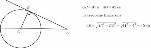 Прямая аб касается окружности в точке б. радиус окружности 9см, а центр о, ао= 41 см найти аб