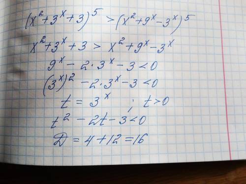 Решите неравенство (x²+3^x+3)^5> (x²+9^x-3^x)^5