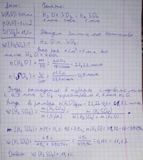 В400 мл воды растворили 11,2 л оксида серы (vi) (н. вычислите массовую долю серной кислоты в получен