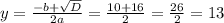 y = \frac{-b+\sqrt{D}}{2a} = \frac{10 +16}{2} = \frac{26}{2}=13