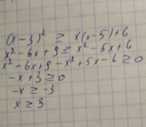 Решите неравенство (x-3) в квадрате> или равно x(x-5)+6