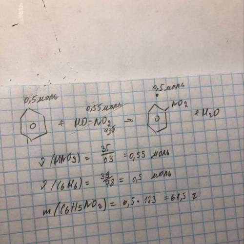 Завтра сколько нитробензола можно получить если взять для реакции 39 г бензола и 35 грамм азотной ки