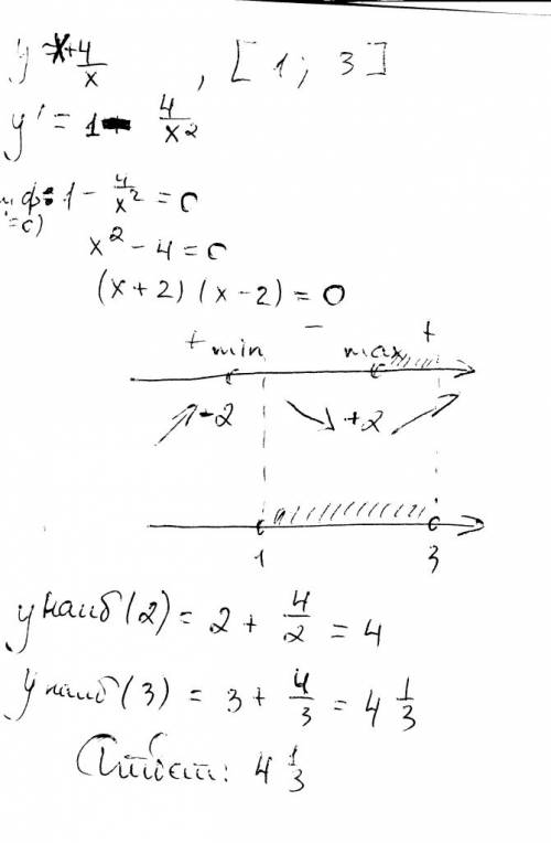 Найдите наибольшее и наименьшее значение функции y=x+4/x на отрезке [1; 3]. решение полностью.