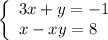 \left\{\begin{array}{l} 3x+y=-1 \\ x-xy=8 \end{array}