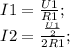 I1=\frac{U1}{R1};\\ I2=\frac{\frac{U1}{2}}{2R1};\\