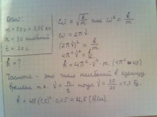 Найти жёсткость пружины, если груз массой 50 г делает 30 колебаний за 20 с.