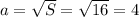 a=\sqrt{S}=\sqrt{16}=4