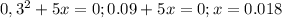 0,3^2+5x=0 ; 0.09+5x=0 ; x=0.018