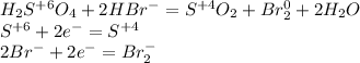 H_2S^{+6}O_4+2HBr^-=S^{+4}O_2+Br_2^0+2H_2O\\ S^{+6}+2e^-=S^{+4}\\ 2Br^-+2e^-=Br_2^-