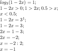 log_3 (1-2x)=1;\\ 1-2x0;12x;0.5x;\\ x<0.5;\\ 1-2x=3^1;\\ 1-2x=3;\\ 2x=1-3;\\ 2x=-2;\\ x=-2:2;\\ x=-1