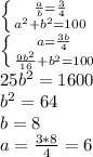 \left \{ {{\frac{a}{b}=\frac{3}{4}} \atop {a^2+b^2=100}} \right.\\ \left \{ {{a=\frac{3b}{4}} \atop {\frac{9b^2}{16}+b^2=100}} \right.\\ 25b^2=1600\\ b^2=64\\ b=8\\ a=\frac{3*8}{4}=6