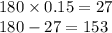 180 \times 0.15 = 27 \\ 180 - 27 = 153