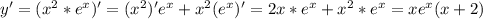 y'=(x^2*e^x)'=(x^2)'e^x+x^2(e^x)'=2x*e^x+x^2*e^x=xe^x(x+2)