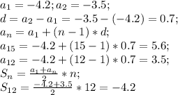 a_1=-4.2;a_2=-3.5;\\ d=a_2-a_1=-3.5-(-4.2)=0.7;\\ a_n=a_1+(n-1)*d;\\ a_{15}=-4.2+(15-1)*0.7=5.6;\\ a_{12}=-4.2+(12-1)*0.7=3.5;\\ S_n=\frac{a_1+a_n}{2}*n;\\ S_{12}=\frac{-4.2+3.5}{2}*12=-4.2 