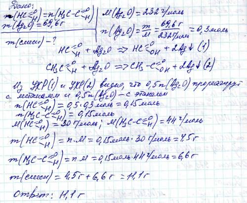 Эквимолярная смесь метаналя и этаналя полностью реагирует с 69.6 г оксида серебра ( в аммиачном раст