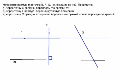 Начертите прямую m и точки e, f, g, не лежащие на ней. провидите: а) через точку e прямую, параллель