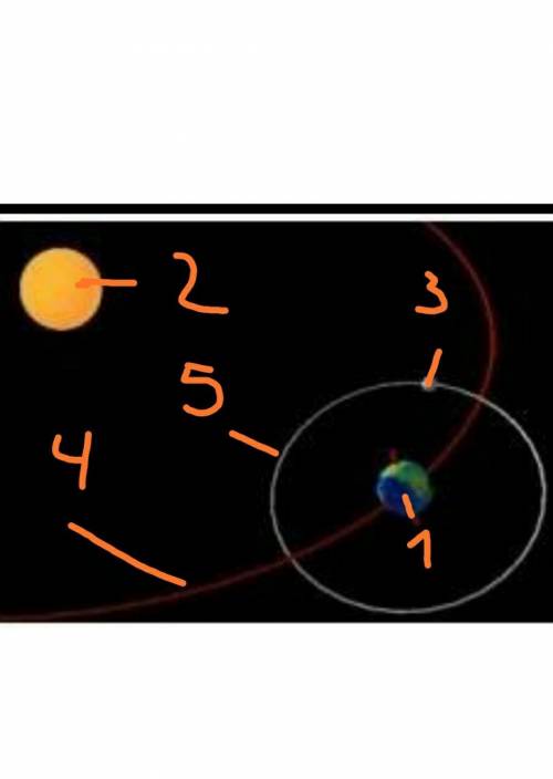 На рисунке отметьте объекты соответсвующими цифрами.1.земля2.солнце3.луна4.линия орбиты земли5.линий