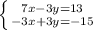 \left \{ {{7x-3y=13} \atop {-3x+3y=-15}} \right.