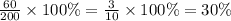 \frac{60}{200} \times 100\% = \frac{3}{10} \times 100\% = 30\%