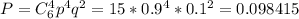 P=C^4_6p^4q^2=15*0.9^4*0.1^2=0.098415