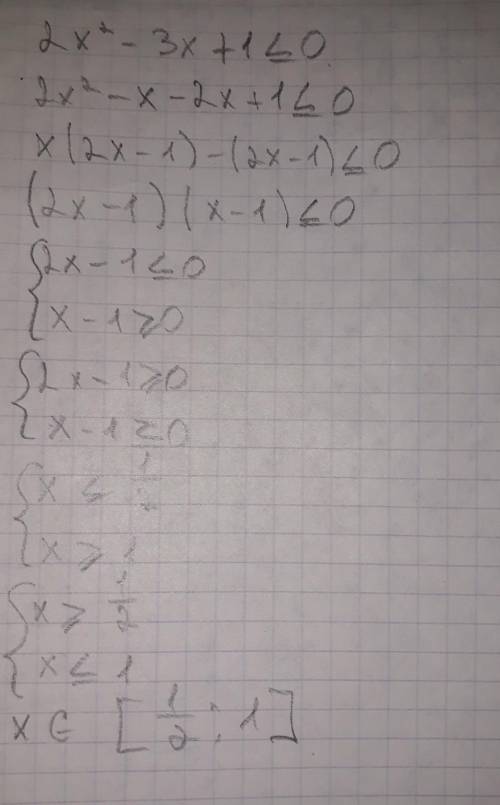 Решите квадратное неравенство 2x^2-3x+1< =0​