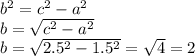 b^{2} =c^{2} -a^{2} \\b=\sqrt{c^{2} -a^{2}} \\b=\sqrt{2.5^{2} -1.5^{2}}=\sqrt{4}=2