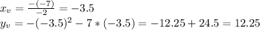 x_v=\frac{-(-7)}{-2} =-3.5\\y_v=-(-3.5)^2-7*(-3.5)=-12.25+24.5=12.25