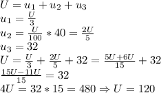 U=u_1+u_2+u_3\\u_1=\frac{U}{3} \\u_2=\frac{U}{100} *40=\frac{2U}{5} \\u_3=32\\U=\frac{U}{3}+\frac{2U}{5}+32=\frac{5U+6U}{15} +32\\\frac{15U-11U}{15} =32\\4U=32*15=480\Rightarrow U=120