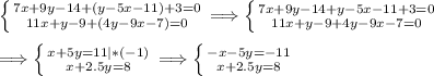 \left \{ {{7x+9y-14+(y-5x-11)+3=0} \atop {11x+y-9+(4y-9x-7)=0}} \right. \Longrightarrow \left \{ {{7x+9y-14+y-5x-11+3=0} \atop {11x+y-9+4y-9x-7=0}} \right. \\\\\Longrightarrow \left \{ {{x+5y=11|*(-1)} \atop {x+2.5y=8}} \right. \Longrightarrow \left \{ {{-x-5y=-11} \atop {x+2.5y=8}} \right.