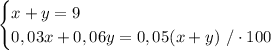 \begin{cases}x+y=9\\ 0,03x+0,06y=0,05(x+y)\ /\cdot100\end{cases}