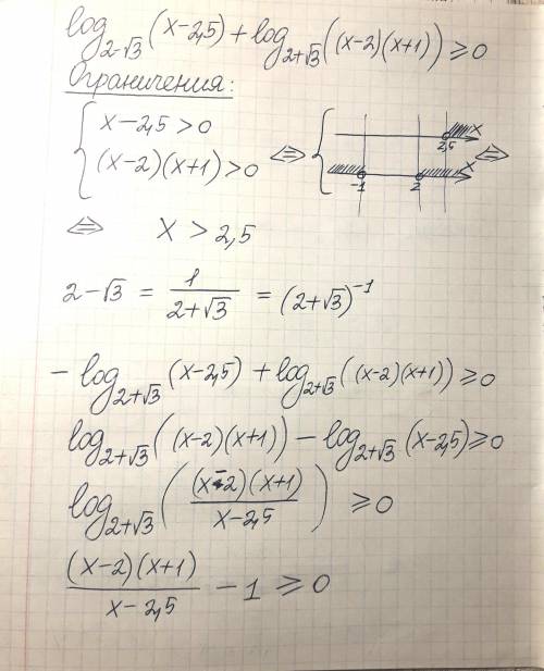  log_{2 - \sqrt{3} }(x - 2.5) + log_{2 + \sqrt{3} }((x - 2)(x + 1)) \geqslant 0