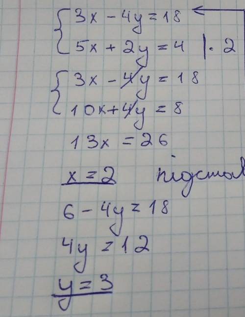 2°. розв'яжіть систему методом додавання{3x - 4y =18, {5х+ 2y = 4если что эти две скобки это одна ск