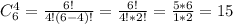 C_{6}^{4}=\frac{6!}{4!(6-4)!}=\frac{6!}{4!*2!}=\frac{5*6}{1*2}=15