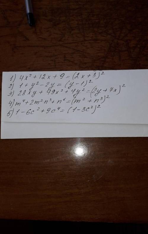 Решить 1)4x²+12x+9 2)1+y²-2y 3)28xy+49x²+4y² 4)m⁴+2m²n³+n^6 5)1-6с²+9с⁴​