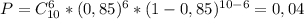 P = C_{10}^6*(0,85)^6*(1-0,85)^{10-6}=0,04