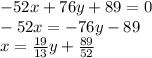 -52x+76y+89=0\\-52x=-76y-89\\x=\frac{19}{13} y+\frac{89}{52}