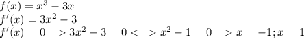 f(x)=x^3-3x\\f'(x)=3x^2-3\\f'(x)=0=3x^2-3=0<=x^2-1=0=x=-1;x=1