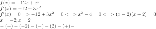 f(x)=-12x+x^3\\f'(x)=-12+3x^2\\f'(x)=0=-12+3x^2=0<=x^2-4=0<=(x-2)(x+2)=0\\x=-2;x=2\\-(+)-(-2)-(-)-(2)-(+)-